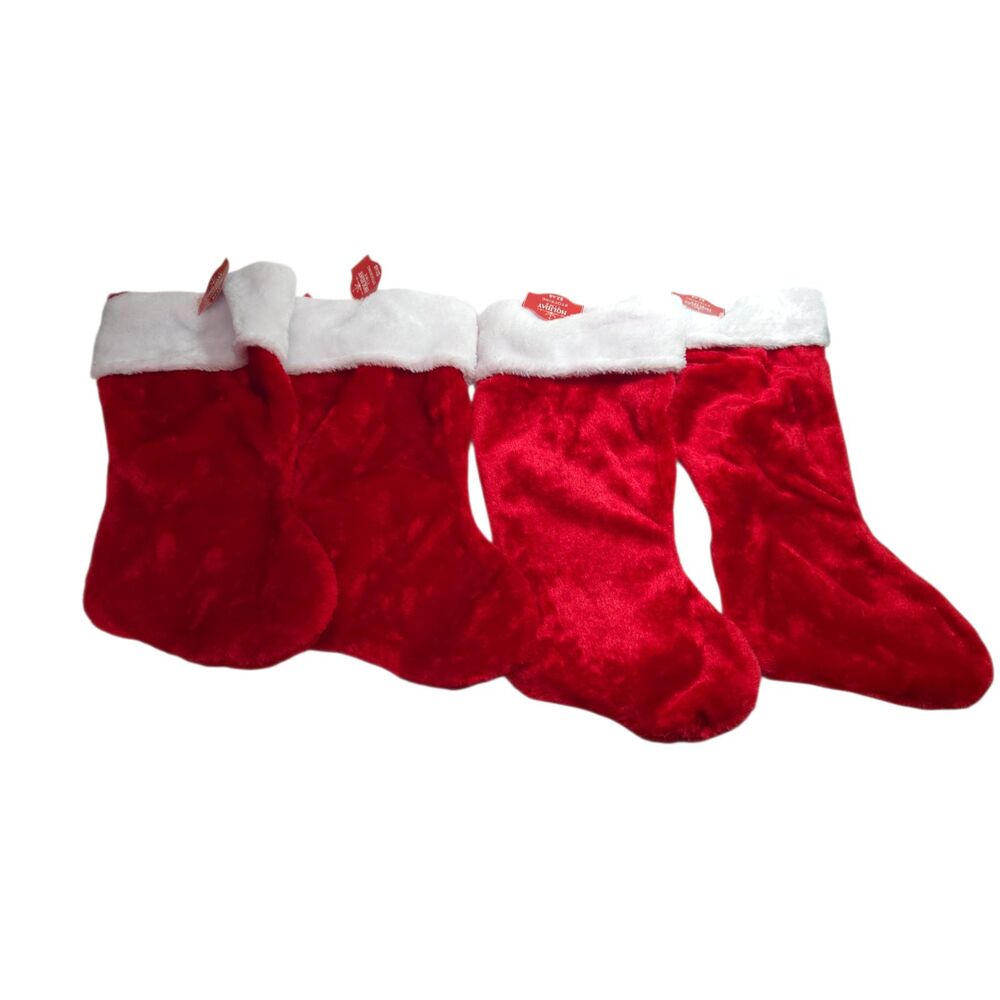 Holiday Time Red Plush Christmas Stocking White Faux Fur Cuff Lot of 4 New